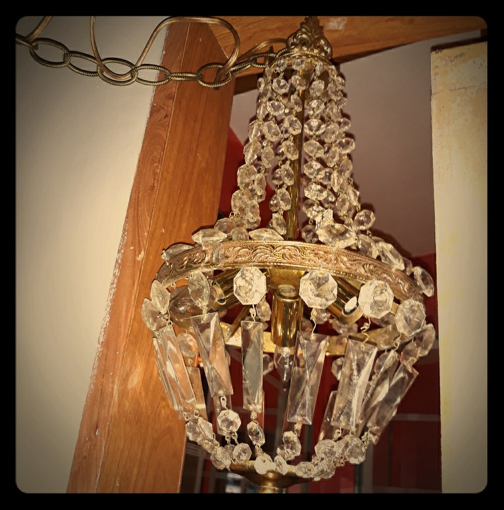 Antique Brass & Crystal Basket Chandelier